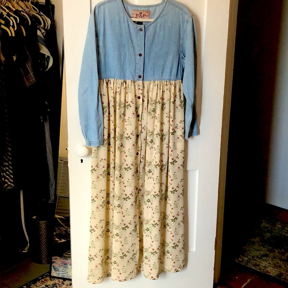 Vintage Express denim dress with floral skirt - M